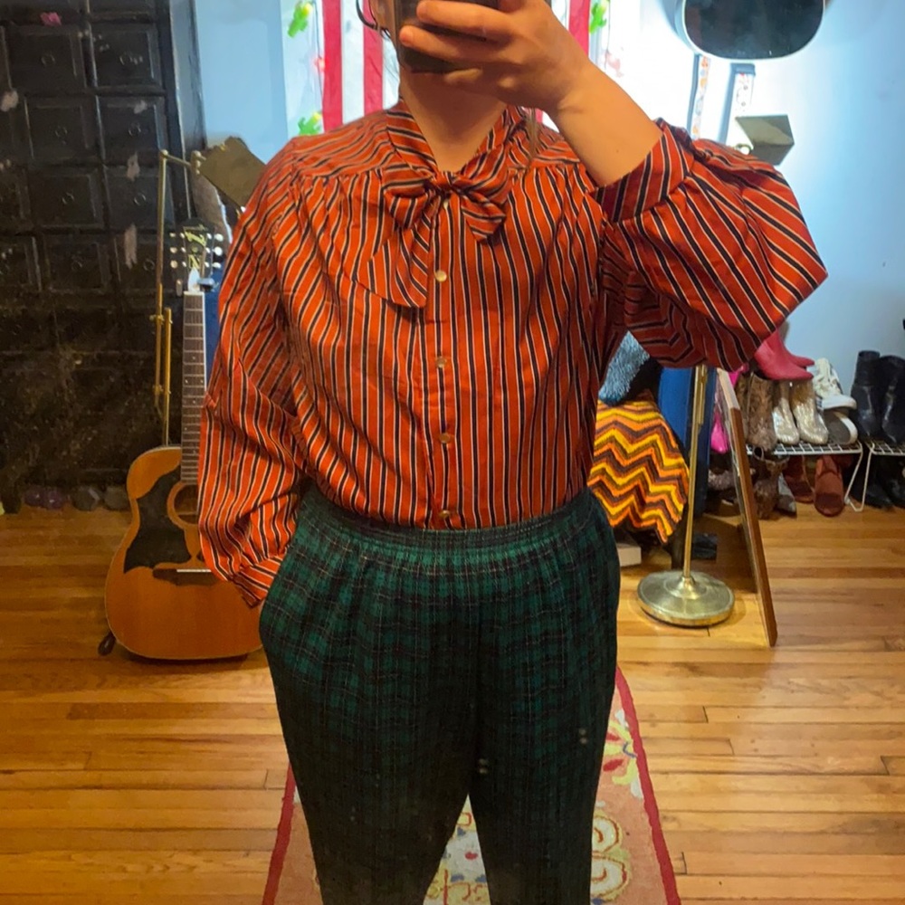 Rust & Navy Striped Pussybow Button Up